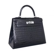 Hermès（爱马仕）Kelly 凯莉包 CK89黑色 亮面鳄鱼 银扣 28cm